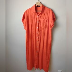 LUA Made in Italy Vibrant Orange 100% Linen Button Down Dress
